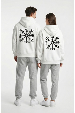 Nevermind Unisex Vegvisir Pusula Baskılı Sevgili Kombini Oversize Hoodie Seti Beyaz