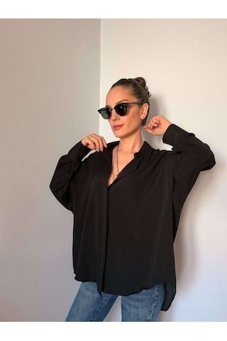 Ali Butik Siyah Gizli Düğmeli Oversize Saten Gömlek Siyah