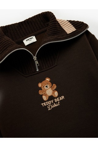 Koton Uzun Kollu Yarım Fermuarlı Ayıcık Nakışlı Şardonlu Oversize Sweatshirt Kahverengi 6wkg10465ak Kahve