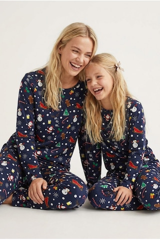Siyah İnci %100 Pamuklu Şeker Baston Desenli Yılbaşı Temalı Örme Pijama Takım Lacivert Kardanadam