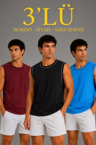 Efnaz Style Erkek 3 Lü Kolsuz Sporcu Atlet Seti Yazlık Bisiklet Yaka - Siyah, Bordo, Turkuaz Çok Renkli
