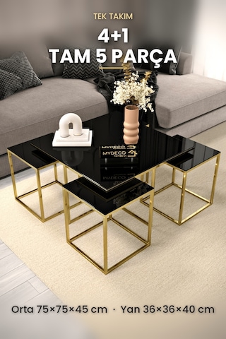 Alberta 5 Parça Gold Zigon Sehpa Takımı Orta Sehpa Yan Sehpa siyah Cam Kurulu Hediye 75x75