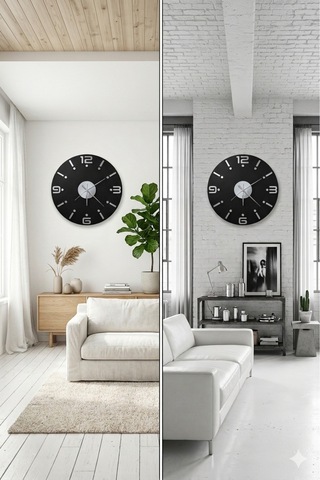 Dekoratif Ahşap Duvar Saati Ahşap Siyah Üzeri Gümüş Pleksi Mobilya Renk Desenli Hediyelik Sessiz Duvar Saati 45 Cm Siyah Gümüş