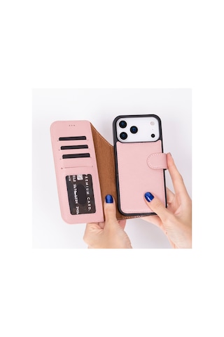 Bloomcase Magic Apple Uyumlu iPhone 17 Pro Max 6.9" Blush Ayrılabilir Hakiki Deri Cüzdanlı Telefon Kılıfı Pembe
