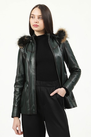 Dericlub Mistral Kadın Kapüşonlu Hakiki Deri Kaban Yeşil Yeşil