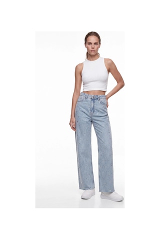 CEMO Kadın Taş İşlemeli Wide Leg Jean Pantolon Mavi