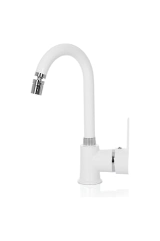 Beyaz Kısa Borulu Lavabo Bataryası Oynar Perlatörlü Beyaz