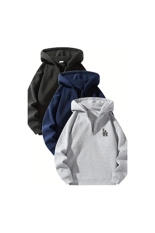 Unisex Fermuarlı Kapüşonlu Oversize La Baskılı Sweatshirt Siyah / Lacivert / Gri Siyah-gri-lacivert