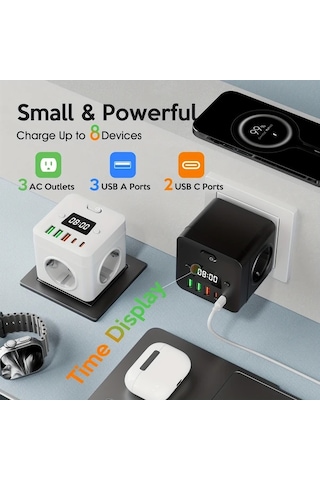 Motion003 Beyaz 3 Ac Cikisi 3 Usb A Ve 2 Usb C Portlu Kompakt Cok Fonksiyonlu Guc Kubu Duvara Monte Edilebilir Asiri Gerilim Korumali Siyah