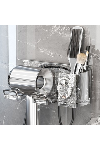 Qingmipy Banyo Fön Tutucu - Plastik Duvarlı Saklama Rafı, Delme Yok Kurulum, Çok Fonksiyonlu, Havlu Kurutma, İnce Ve Dayanıklı Tasarım Transparan Gri-gümüş Diğer