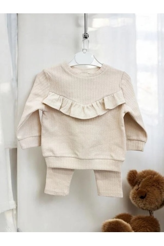 Zekids Kız Çocuk Pamuklu Fırfır Detaylı Taytlı Takım-14295 Krem