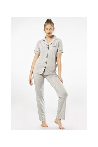 Düz Kısa Kollu Gömlek Yaka Pijama Takım 001