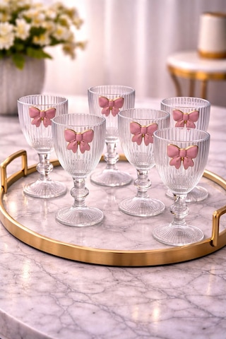 6 Lı Cam Pembe Fiyonk Kurdele Kahve Yanı Su Bardağı Bardak 75ml Şeffaf