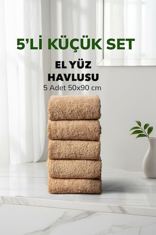 5 Li Kareli Bej Renk Yumuşak Pamuk El Yüz Havlusu Seti 50x90 Cm