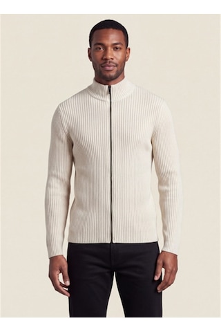 Dkny Dkfw26086-101 Ribbed Full Sweater Kırık Beyaz Erkek Bisiklet Yaka Fitilli Desenli Triko Kazak