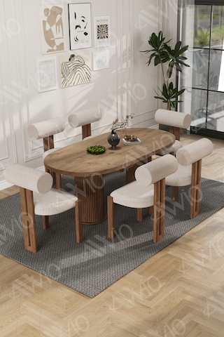Avvio İcon Bohem Ayak 6'lı Metal Pofi Demonte Sandalye 80x160 Masa Sandalye Takımı Akça Masa Sandalye Kumaşı Beyaz