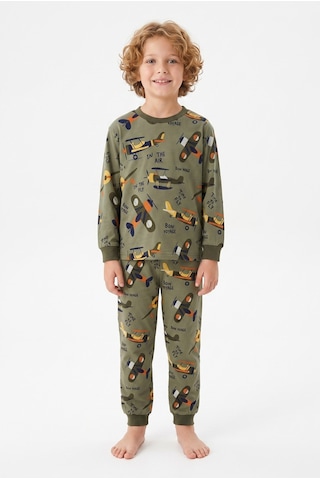 Bunny Hopp Vintage Uçak Desenli %100 Pamuk Süprem Penye Kumaş Uzun Kollu Erkek Çocuk Pijama Takımı Yeşil