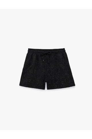 Koton Slim Fit Beli Bağcıklı Cepli Simli Mini Şort Siyah 6sal40139ık