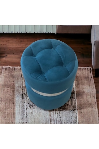 Yaren Home Dizayn Puf Lüks Silinebilir Kumaş Kapitoneli Gümüş Detaylı Turkuaz Mavi