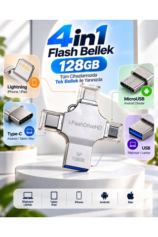4in1 128gb Usb Flash Bellek Lightning Type-c Usb-a Microusb Girişli Çok Amaçlı Bellek Tkndy-bsva4969