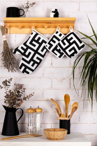 6 Parça Fırın Eldiveni Ve Tencere Tutacak Mutfak Seti & 220 Derece Isıya Dayanıklısiyah Labirent