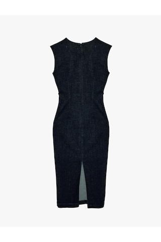 Koton Kolsuz Bisiklet Yaka Arkası Yırtmaçlı Metal Aksesuarlı Midi Denim Elbise Koyu İndigo 6sal80004md Indigo