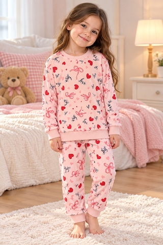 Üç Gül Ticaret Kız Çocuk 3-7 Yaş Kalpli Fiyonklu Pijama Takımı İçi Pamuklu Şardonlu Pembe