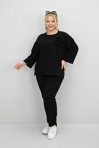 Kadın Büyük Beden Uzun Kollu Çiçek Aksesuarlı Eşofman Takımı 8182-25 Siyah