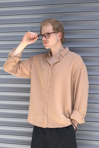 Erkek Oversize Kesim Keten Görünümlü Gömlek Taba