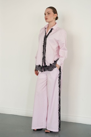 Verymoda Dantel Detaylı Çizgili Pantolon F2083 Pembe