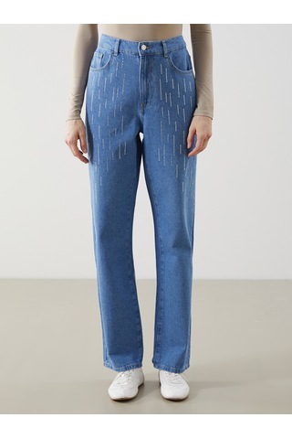 Lcw Comfort İndigo Beli Lastikli Straight Fit Taşlı Kadın Jean Pantolon