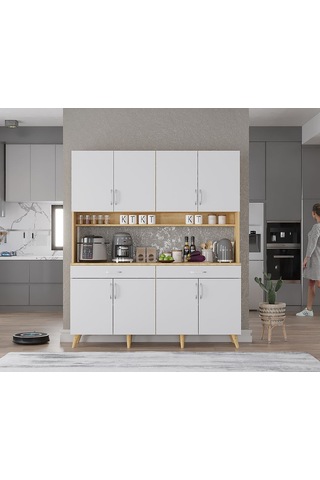 Denze Kahve Köşesi Çok Amaçlı Dolap Kiler Mutfak Dolabı Meşe Beyaz 160cm Meşe Beyaz