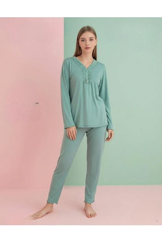 Pijamerry Kadın Bambu Baharlık Dantel Yaka Uzun Kol İnce Pijama Takımı 5208y - 1 Adet Yeşil