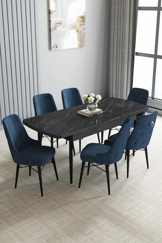 Zümra Serisi, Siyah Mermer Desen 80x132 Açılabilir Mdf Mutfak Masası Takımı 6 Adet Sandalye, Lacivert