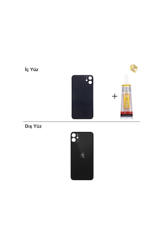 Apple Uyumlu iPhone 11 Siyah Arka Kapak Arka Cam Batarya Kapağı Lazer Kesim Kapak Pil Kapağı + B-7000 Yapıştırıcı