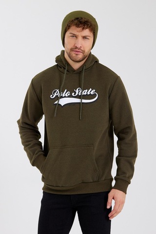 Erkek 3 İplik Pamuklu İçi Polarlı Baskılı Regular Fit Kapüşonlu Kanguru Cepli Haki Sweatshirt Haki