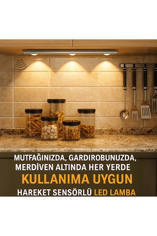 Sensörlü Şarjlı Dekoratif Gece Lambası Mutfak Mıknatıslı 3 Farklı Işık Renk 40cm Şerit Led Çok Renkli