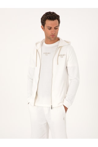 Ekru Regular Fit %100 Pamuk Tam Fermuarlı Kapüşonlu Sweatshirt Bej
