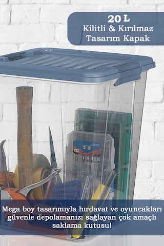 2'li Megabox 20l Saklama Kabı - Kilitli Kapaklı Çok Amaçlı Düzenleyici Kiler Depolama Oyuncak Kutusu Mavi
