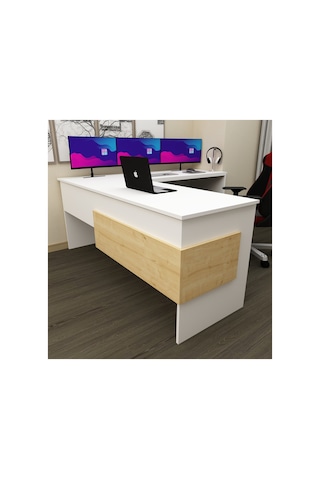 Sell 180 Cm L Çalışma Masası Ofis Masası Oyuncu Masası Beyaz - Safir Meşe Beyaz - Safir Meşe