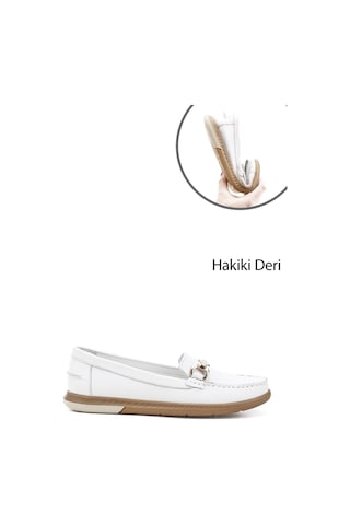 Gönderi(R) Gönderi R Beyaz Tokalı Rok Hakiki Deri Comfort Loafer Beyaz