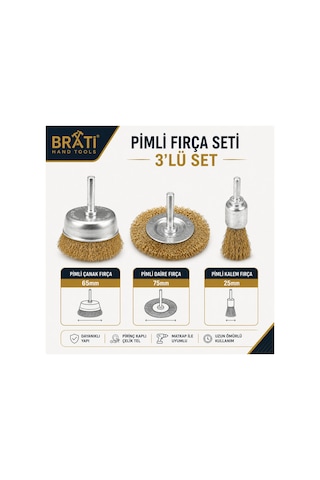 Pimli Fırça Seti 3'lü Set Yüzey Pas Temizleme Boya Sökme Fırçası 25mm 65mm 75mm