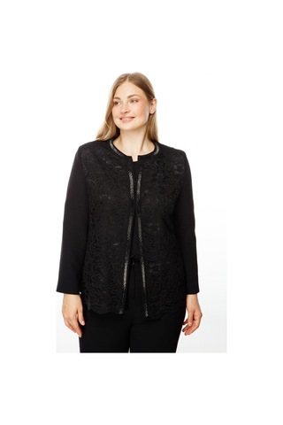 Moda İlgi Kadın Büyük Beden Sıfır Yaka Dantelli Ön Patı Taşlı Kısa Ceket 5025 Siyah Siyah