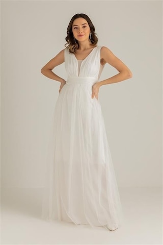 Dipmoda Kadın Beyaz Drapeli Tül Abiye Elbise Dp2030 Beyaz