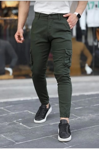 Erkek Körüklü Cep Ve Paça Ribana Detaylı Haki Keten Kargo Pantolon Haki