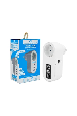 Powermaster PM-4913 3xUsb'li Tekli Termal Akım Korumalı Priz Beyaz