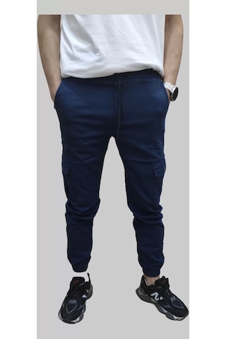 Erkek Jogger Beli Ve Paçası Lastikli Keten İndigo Kargo Pantolon İndigo