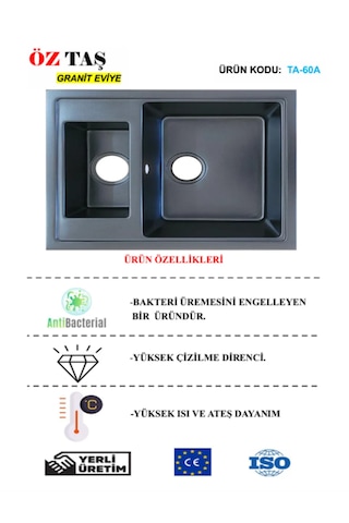 Öztaş TA-60a Granit Mutfak Eviye Antrasit Tek Gözlü 485 x 595 MM