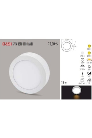 Cata Ct-5233 18 Watt Sıva Üstü Armatür Yuvarlak Gün Işığı N11.433