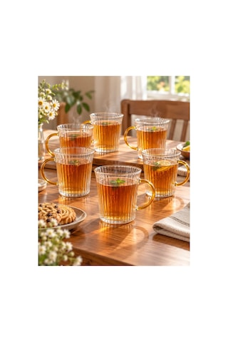 Cambu Line Serisi 6 Lı Borosilikat Cam Kupa Seti 350 Ml Gold Kulplu Çizgili Cam Kupa Çok Renkli